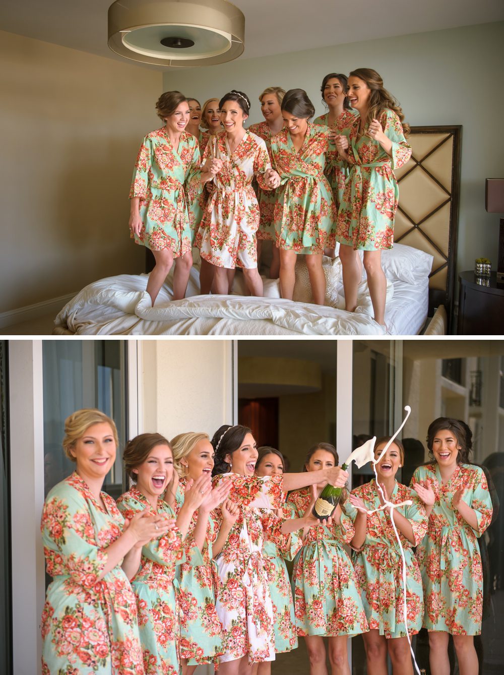Bridesmaids in silk floral robes Poirier Wedding Photography